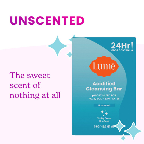 Lume Acidified Body Cleansing Bar - 24 Hour Odor Control - Removes Odor Better than Soap - Moisturizing Formula - Formulated Without SLS or Parabens - OB/GYN Developed - 5 ounce (Unscented)
