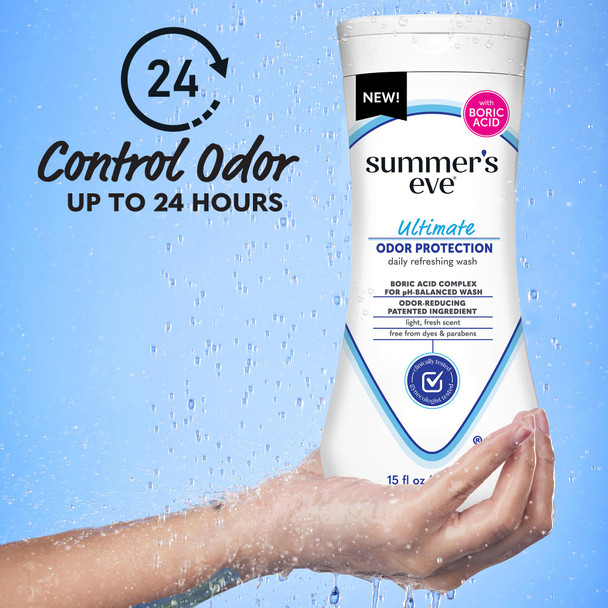 Summer's Eve Ultimate Odor Protection Daily Feminine Wash pH-Balanced Formula Body Wash for Women with Boric Acid Helps Control Vaginal Odor 15 Fl Oz