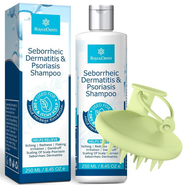 Roycederm Seborrheic Dermatitis & Psoriasis Shampoo with Scalp Massager Brush – Scalp Cleansing & Comfort Care Set for Dry Itchy Flaky Scalp Dandruff & Buildup Support