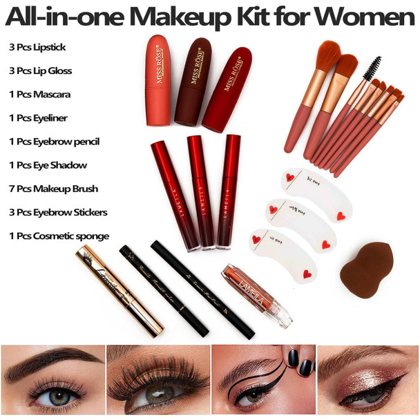 MISS ROSE M 187 Colors Professional Makeup Palette All-in-One Kit With Eye Shadows Lipsticks Mascara Foundations Blushes Brow Pencils Nail File  Makeup Gift Set for Women and Girls