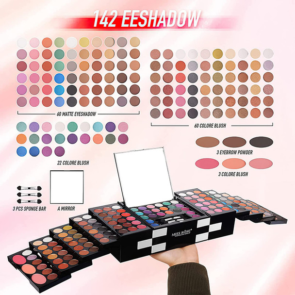 MISS ROSE M 148 Colors Makeup Pallet,Professional Makeup Kit for Women Full Kit,All in One Makeup Sets for Women&Beginnerinclude EyeshadowLipstickEyelinerConcealermakeup brush(045 Set-Black)