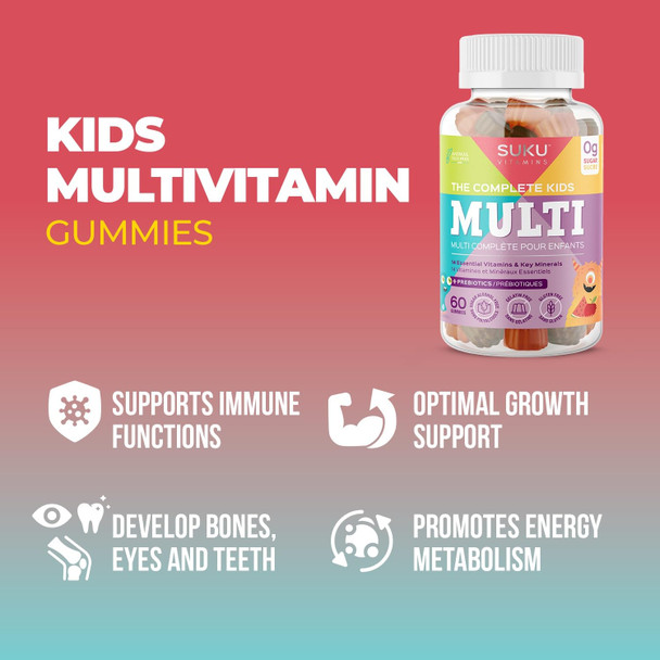 Suku Vitamins - The Complete Kids Multi Gummy Vitamin Easy to Chew Kids Immunity Support Gummies Enriched with Vitamin A Folate Zinc and More 60 Counts for 30 Days