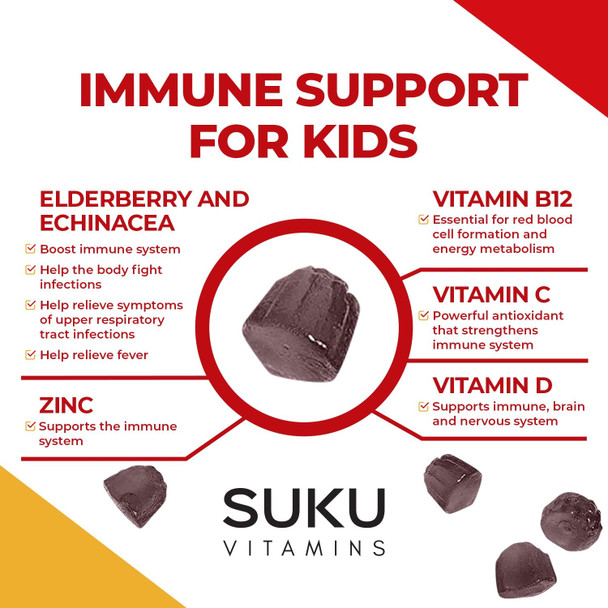 Suku Vitamins - Kids Super Immunity Gummy Easy to Chew Immune Support Gummies with Elderberry Echinacea Vitamin C and Zinc Sugar-and-Gluten-Free Non-Gmo, 60 Counts