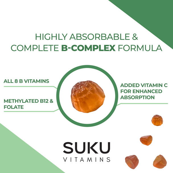 SUKU Vitamin B Complex Gummies with Vitamin C – Sugar Free Vegan 8 B Vitamins Complex Gummy Supplement Increases Cell Development Improves Metabolism & Collagen Formation Peach Flavour (60 Gummies)