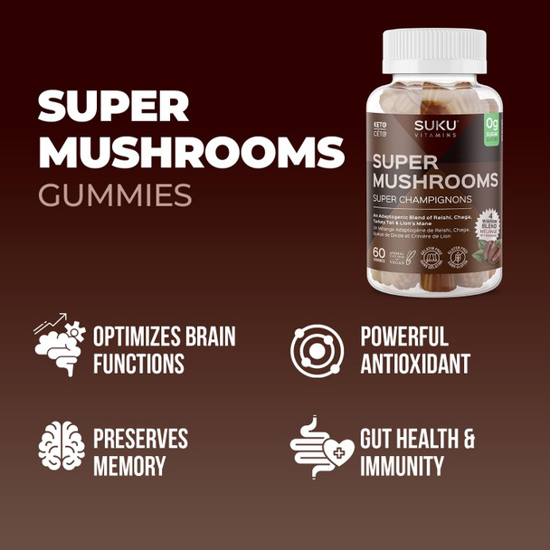 Suku Vitamins - Super Mushroom for Immunity Mushroom Blend Gummies with Reishi Chaga Turky Tail and Lions Mane Sugar-and-Gluten-Free Non-Gmo 60 Counts