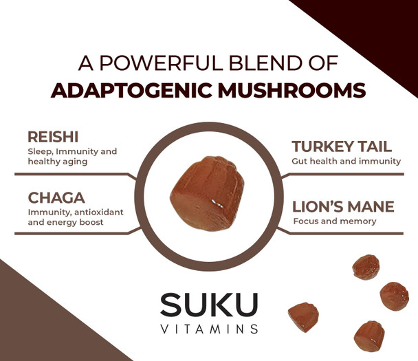 Suku Vitamins - Super Mushroom for Immunity Mushroom Blend Gummies with Reishi Chaga Turky Tail and Lions Mane Sugar-and-Gluten-Free Non-Gmo 60 Counts