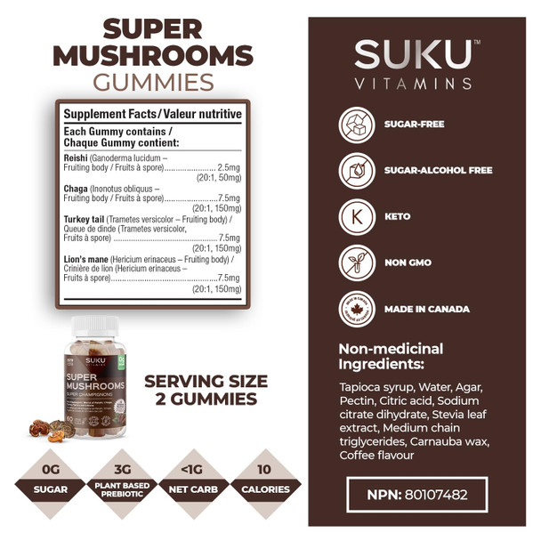 Suku Vitamins - Super Mushroom for Immunity Mushroom Blend Gummies with Reishi Chaga Turky Tail and Lions Mane Sugar-and-Gluten-Free Non-Gmo 60 Counts