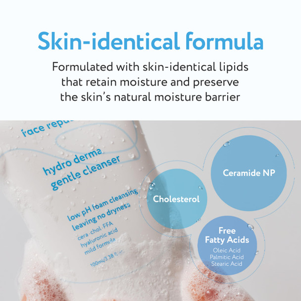Republic Store Face Republic Hydro Derma Gentle Cleanser 100ml 3.38 fl oz  Extra Gentle Foam  Ceramide NP Hyaluronic Acids Panthenol For Sensitive Skin  Vegan Korean Skin Care