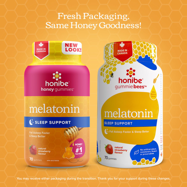 Honibe Melatonin Sleep Support Gummies | Honey-Based Gummies Made in Canada | Nighttime Sleep Aid | Natural Sleep Aid to Help Relieve Stress | Melatonin Gummies to Help Support a Healthy Sleep Aid | Sleep Gummies | 70 gummies