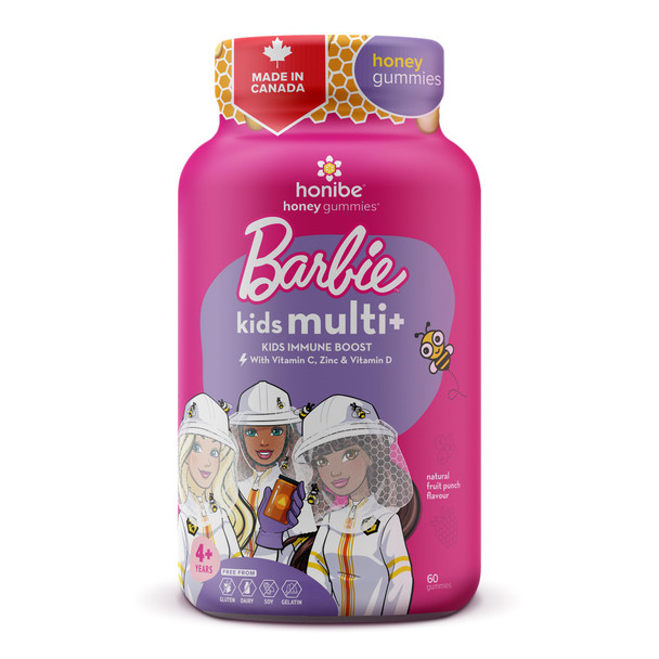 Honibe Kids Multivitamin Gummies Plus Immune Boost | Barbie | Honey-Based Vitamins Made in Canada | Children's Chewable Gummy Vitamins | Kids Zinc Vitamin Gummy Bees | 60 gummies