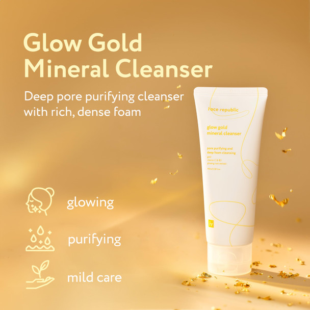 Republic Store Face Republic Glow Gold Mineral Cleanser 100ml 3.38 fl oz  Deep Pore Purifying Foam  Vitalizing for Dull Skin  Gold Rice Bran Ginseng Vitamins Niacinamide  Vegan Korean Skincare