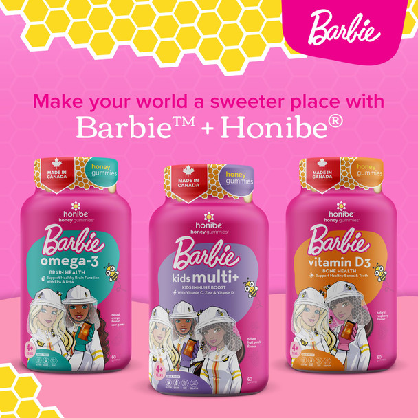 HONIBE HONEY GUMMIES Multivitamin Plus Immune Boost | Barbie | Honey-Based Vitamins Children's Chewable Gummy Vitamins | Kids Zinc Vitamin Gummy Bees | 60 gummies