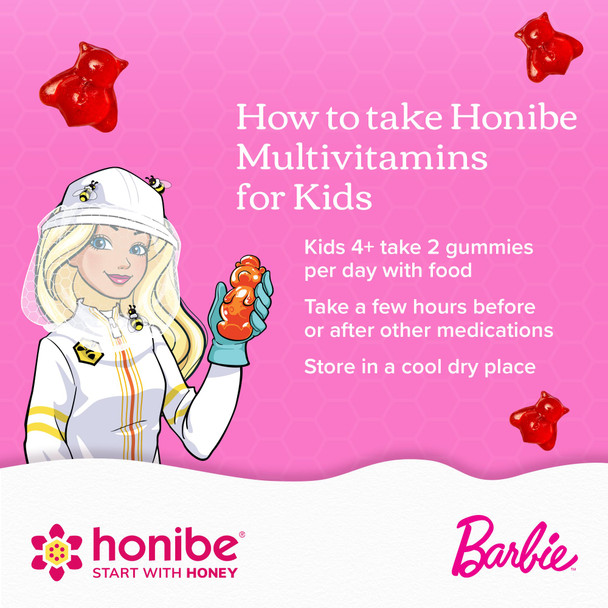 HONIBE HONEY GUMMIES Multivitamin Plus Immune Boost | Barbie | Honey-Based Vitamins Children's Chewable Gummy Vitamins | Kids Zinc Vitamin Gummy Bees | 60 gummies