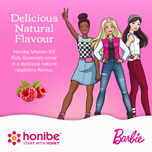 HONIBE HONEY GUMMIES Vitamin D  for Kids and Adults Barbie Honey-Based Vitamins Made in Canada Vitamin D3 Helps Support Bone Health Mood and Immune System Functions 60 gummies
