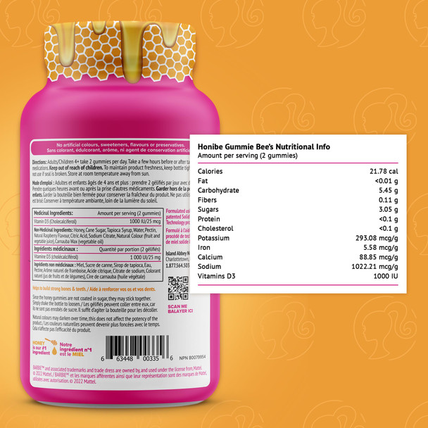 HONIBE HONEY GUMMIES Vitamin D  for Kids and Adults Barbie Honey-Based Vitamins Made in Canada Vitamin D3 Helps Support Bone Health Mood and Immune System Functions 60 gummies