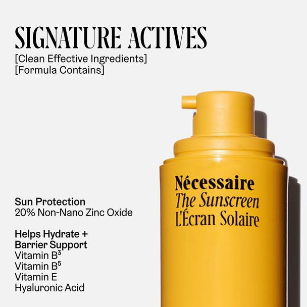 Nécessaire The Mineral Sunscreen SPF 30 PA+++. For The Body. Broad Spectrum. Zinc Oxide Hyaluronic Acid Niacinamide. Hydrate. Protect Against Sun Damage + Premature Aging. Dermatologist-Tested 5.1oz