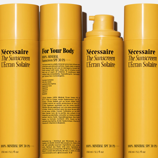 Nécessaire The Mineral Sunscreen SPF 30 PA+++. For The Body. Broad Spectrum. Zinc Oxide Hyaluronic Acid Niacinamide. Hydrate. Protect Against Sun Damage + Premature Aging. Dermatologist-Tested 5.1oz