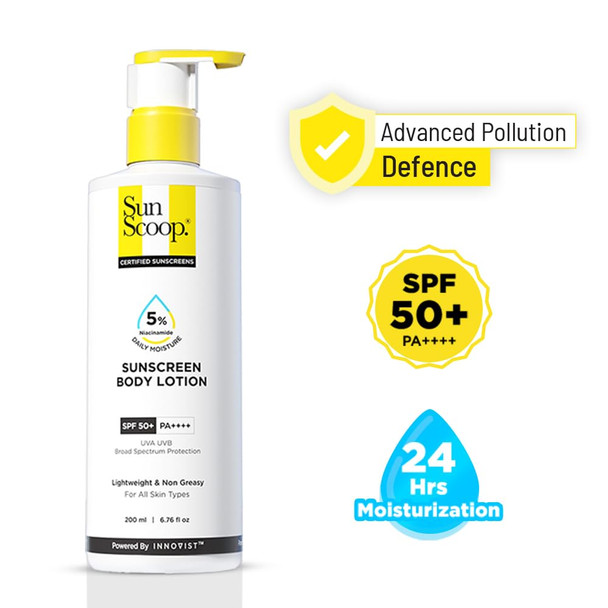 SunScoop 5% Niacinamide Daily Moisture Sunscreen Body Lotion SPF 50+ PA++++  24-Hours Moisturization  Reduces Pigmentation  Smoothens the Skin (200ml)