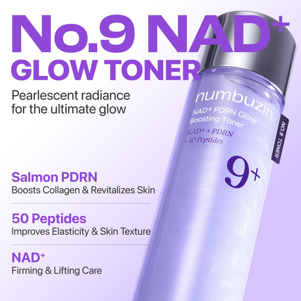 numbuzin No.9 NAD+ PDRN Glow Boosting Toner, Hydrating & Firming Toner for Wrinkles, Fine Lines & Dull Skin, Peptides & Salmon PDRN for Radiance, Korean Skincare 5.07 fl oz