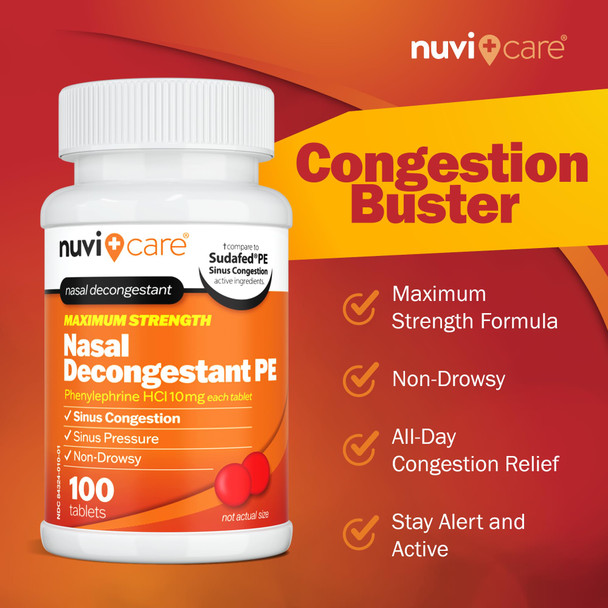 Nuvicare Max Strength PE Phenylephrine HCl 10mg Non Drowsy Nasal Decongestant - Allergy Sinus Congestion Relief Compare to Sudafed PE Decongestant Tablets - Sinus Decongestants for Adults (100 Count)