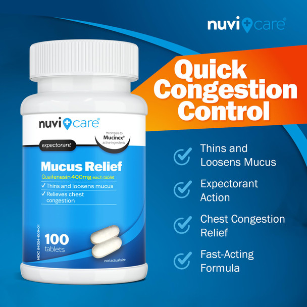 Nuvicare Expectorant Mucus Relief 400mg  Guaifenesin 400mg Tablets - Fast Chest Congestion Relief for Adults - Compare to Mucinex Tablets - Generic Mucus Clear for Phlegm and Congestion (100 Count)