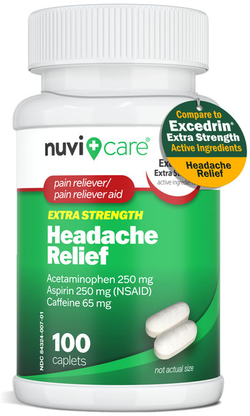 NUVICARE Headache Relief with Acetaminophen 250 mg, Aspirin (NSAID) 250 mg, Caffeine 65 mg - Temporary Relief of Minor Aches & Pains - Compare to Excedrin Extra Strength Pain Reliever (100 Caplets)