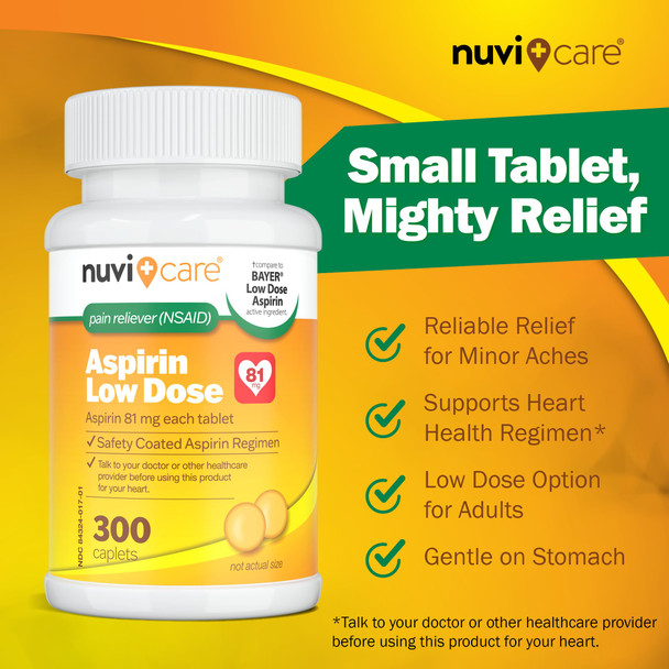 NUVICARE Low Dose Aspirin 81mg for Adults Coated Caplets  Compare to Active Ingredient in Low Dose Bayer Aspirin for Adults  Safety Coated (300 Count)