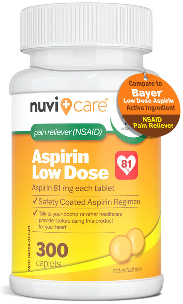 NUVICARE Low Dose Aspirin 81mg for Adults Coated Caplets  Compare to Active Ingredient in Low Dose Bayer Aspirin for Adults  Safety Coated (300 Count)