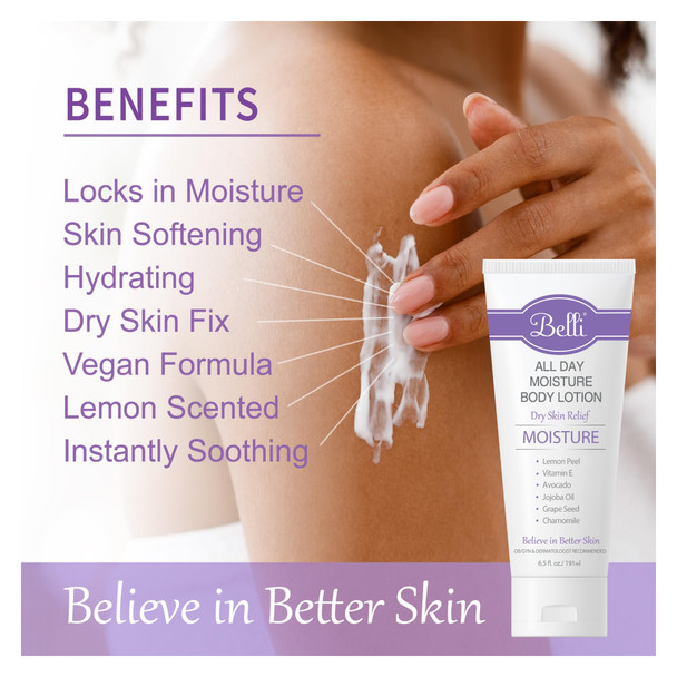 Belli Skincare All Day Moisturizer Body Lotion for All Skin Type Comforts Dry Skin Long Lasting & Hydrating Pregnancy Safe Vegan based Chemical Free 6.5 Oz
