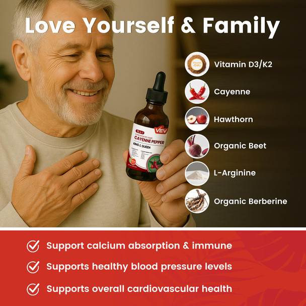 VEV 15-in-1 Cayenne Pepper Drops Liquid Supplement – Gentle Circulation, Energy & Metabolism Support with Vitamin D3 K2, L-Arginine, Resveratrol & Superfoods – Vegan, Non-GMO, 2 fl oz