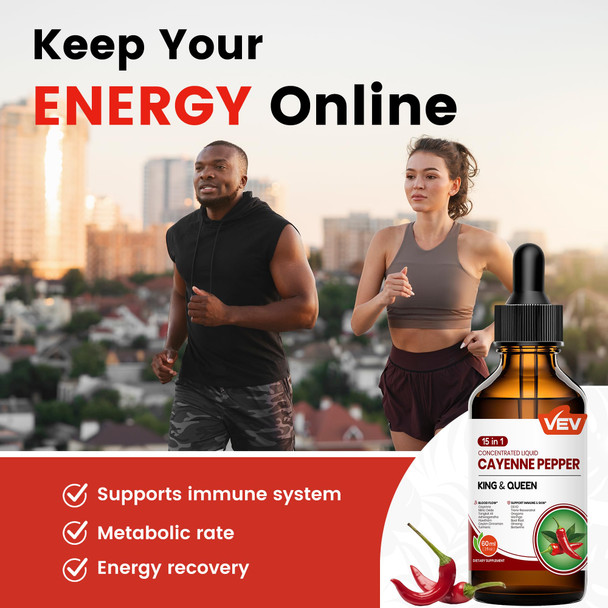 VEV 15-in-1 Cayenne Pepper Drops Liquid Supplement – Gentle Circulation, Energy & Metabolism Support with Vitamin D3 K2, L-Arginine, Resveratrol & Superfoods – Vegan, Non-GMO, 2 fl oz