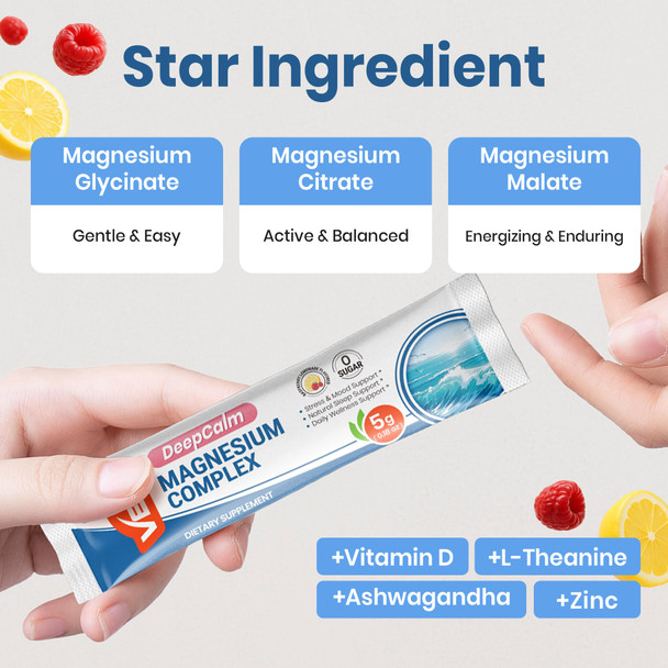 VEV Deep Calm Magnesium Complex for Women Magnesium Drink Powder Supplement with Ashwagandha, L-Theanine & Vitamin D – Calm & Relaxation – Raspberry Lemonade Flavor – Vegan – 30 Ct