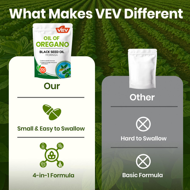 VEV Oil of Oregano with Black Seed Oil & Moringa, Organic, 300 Softgels, Aceite de Orégano, Carvacrol-Rich, Opaque Airtight Packaging, Immune Support Supplement