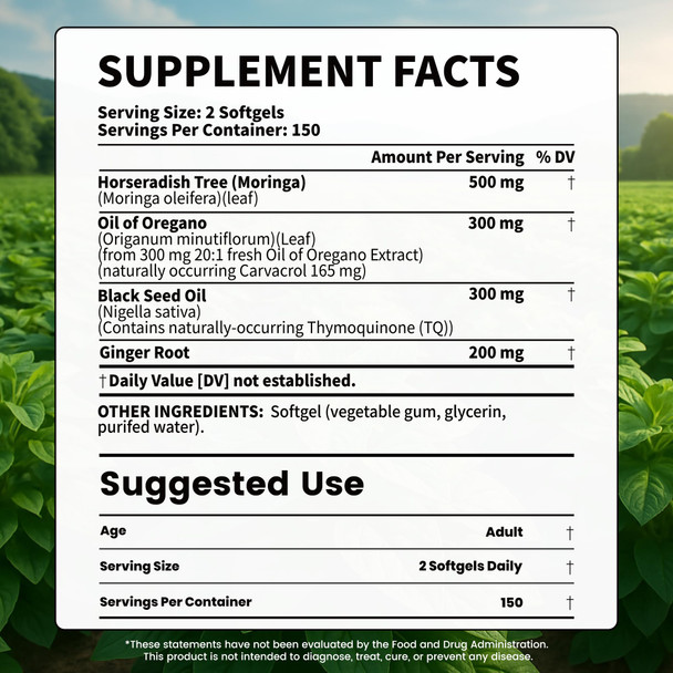 VEV Oil of Oregano with Black Seed Oil & Moringa, Organic, 300 Softgels, Aceite de Orégano, Carvacrol-Rich, Opaque Airtight Packaging, Immune Support Supplement