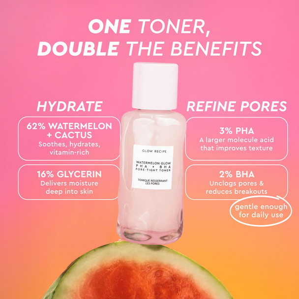 Glow Recipe PHA + BHA Face Toner Korean Exfoliating Toner for Pores Gentle Chemical Exfoliant + Hydrating Toner Watermelon Cactus Water + Glycerin (40ml)