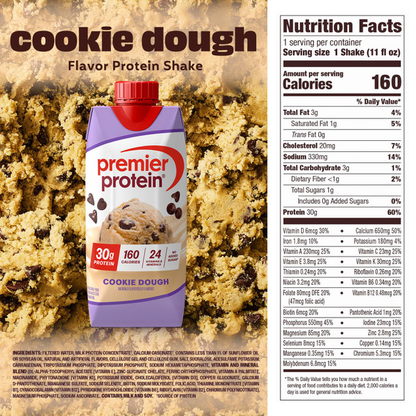 Premier Protein Shake Cookie Dough 30g Protein No Added Sugar 24 Vitamins & Minerals to Support Immune Health 11 fl oz 4 Pack