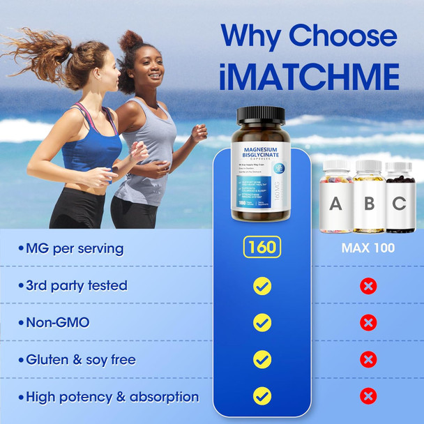 iMATCHME Magnesium Bisglycinate 100%, Magnesium Supplement Support to Sleep & Calmness,Heart Healthy, Muscle & Bones, Maximum Absorption,180 Capsules