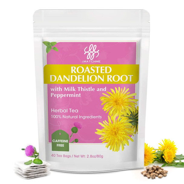 iMATCHME Organic Roasted Dandelion Root Tea with Milk Thistle and Peppermint - Herbal Tea for Cleanse and Digest, 40 bags