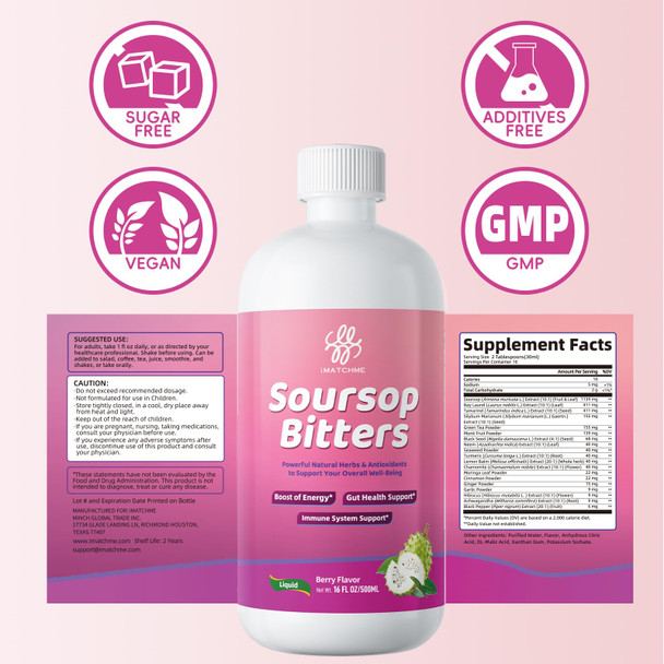 iMATCHME Soursop Bitters Liquid for Digestive & Gut Cleanse, Antioxidant,Skin Health,Cell Regeneration,Immune & Mood Support,Herb Soursop Tea 16 fl oz