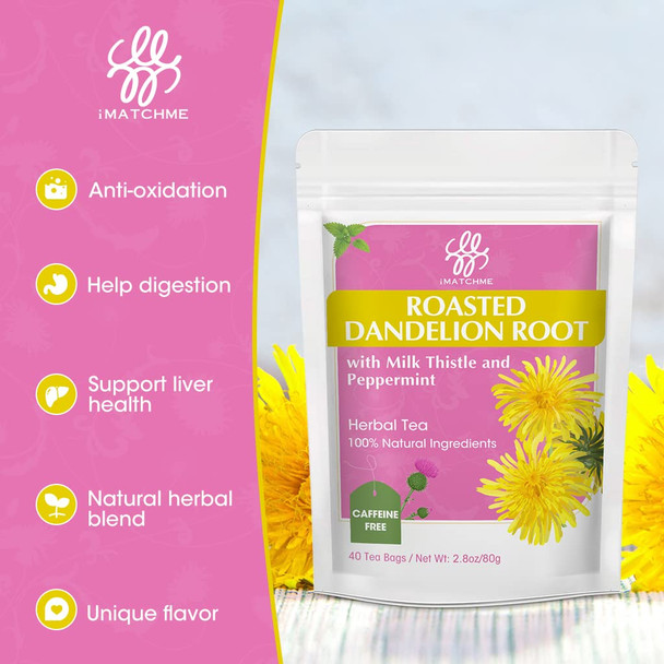 iMATCHME Organic Roasted Dandelion Root Tea with Milk Thistle and Peppermint - Herbal Tea for Cleanse and Digest, 40 bags