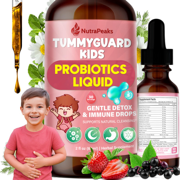 NutraPeaks Kids Liquid Botanical Drops – Natural Blend with Prebiotics, Chamomile, Ginger & Elderberry – Sugar-Free, Alcohol-Free, Non-GMO – 2 fl oz