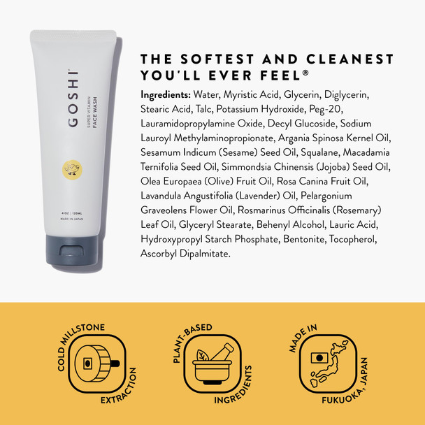 GOSHI Super Vitamin Face Wash for All Skin Types 4 oz - Infused with Vitamin E Cold-Pressed Sesame Oil Macadamia and More Plant Extracts - Made in Japan