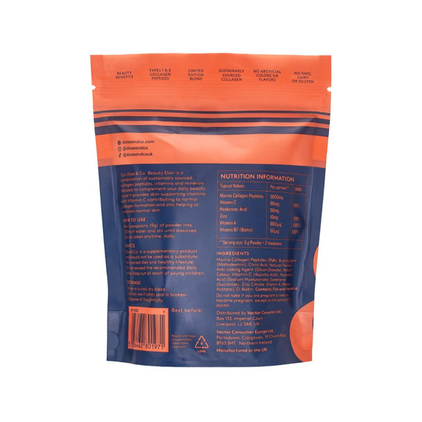 Dose & Co Marine Collagen Beauty Elixir Powder 150g | 5,000mg Marine Collagen Peptides Hyaluronic Acid & Beauty Vitamins | Supports Skin Elasticity Firmness & Hydration (Strawberry Lemonade)