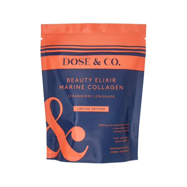 Dose & Co Marine Collagen Beauty Elixir Powder 150g | 5,000mg Marine Collagen Peptides Hyaluronic Acid & Beauty Vitamins | Supports Skin Elasticity Firmness & Hydration (Strawberry Lemonade)