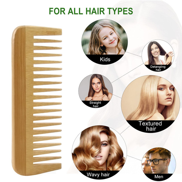 MRD Bamboo Wide Tooth Comb Detangling Anti-Static Brush Natural Curly Wavy Dry Hair For Womens and Mens Hand Polished (1PCS)