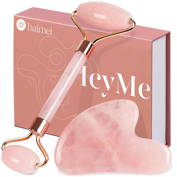 BAIMEI IcyMe Jade Roller & Gua Sha, Face Roller Redness Reducing Skin Care Tools, Self Care for Men Women, Massager for Face, Eyes, Neck, Relieve Fine Lines and Wrinkles - Rose Quartz - Pink