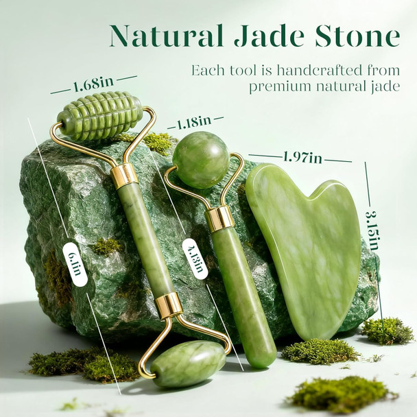 BAIMEI IcyMe Gua Sha and Jade Roller for Face, Natural Jade Face Roller with Ridge Design for Reducing Puffiness & Skin Firming,Facial Sculpting Tool, Self Care Gift for Women Men - Green