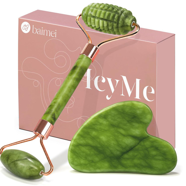 BAIMEI IcyMe Gua Sha and Jade Roller for Face, Natural Jade Face Roller with Ridge Design for Reducing Puffiness & Skin Firming,Facial Sculpting Tool, Self Care Gift for Women Men - Green