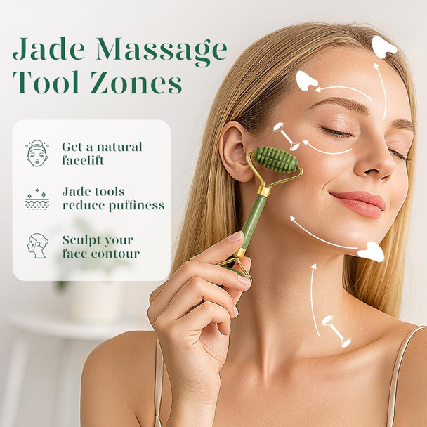 BAIMEI IcyMe Gua Sha and Jade Roller for Face, Natural Jade Face Roller with Ridge Design for Reducing Puffiness & Skin Firming,Facial Sculpting Tool, Self Care Gift for Women Men - Green