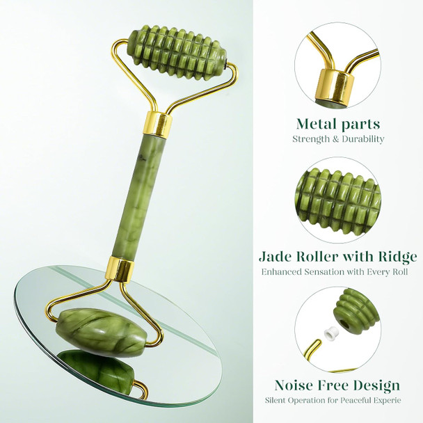 BAIMEI IcyMe Gua Sha and Jade Roller for Face, Natural Jade Face Roller with Ridge Design for Reducing Puffiness & Skin Firming,Facial Sculpting Tool, Self Care Gift for Women Men - Green